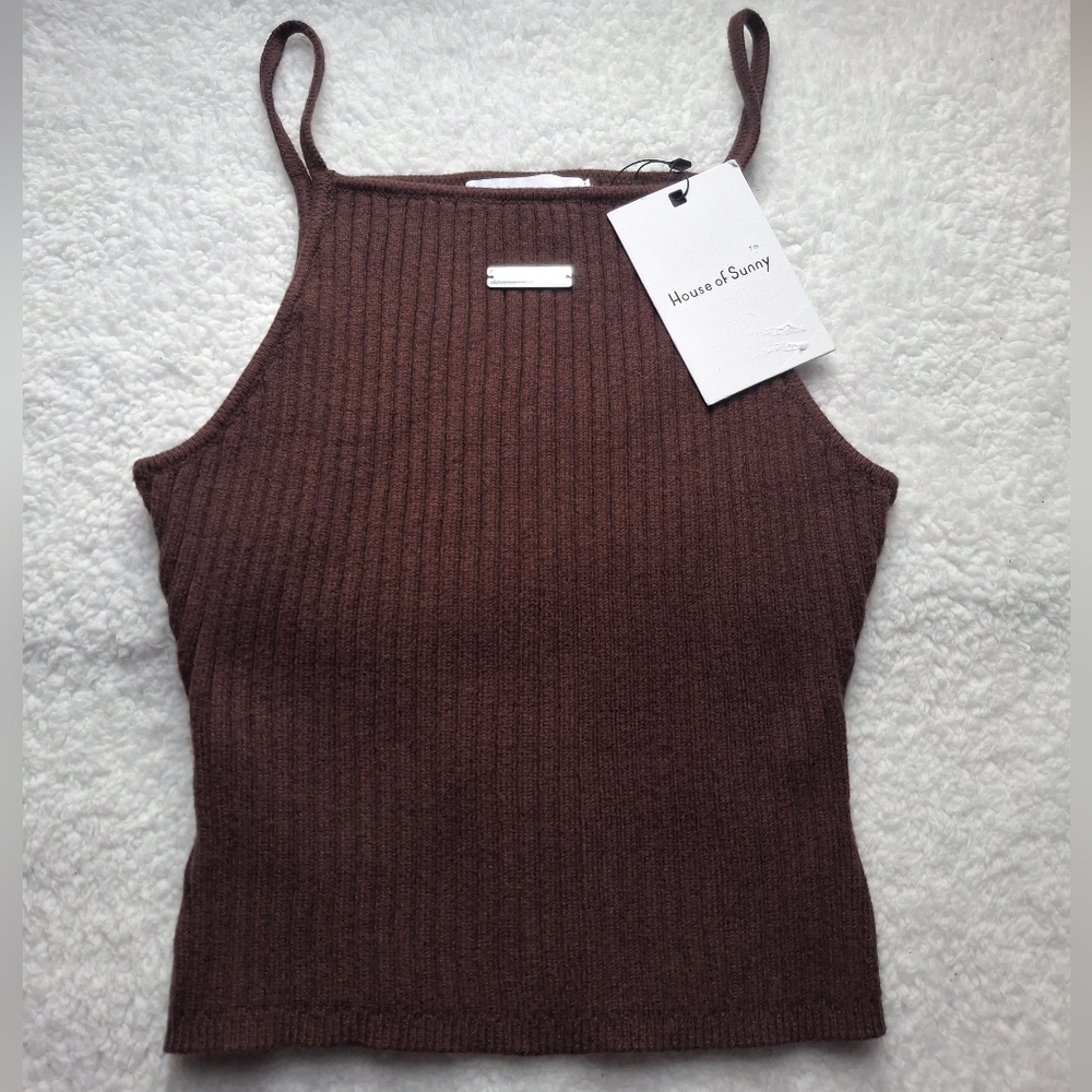 House of Sunny Brown Ribbed Knit Top Size 6 - NWT